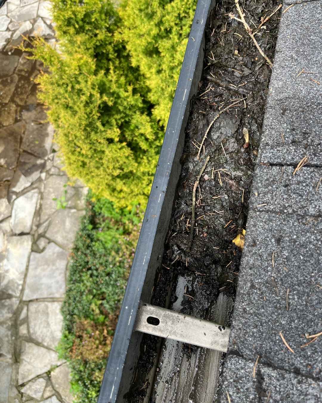 Leaves and debris blocking the gutter before cleaning in Stoney Creek